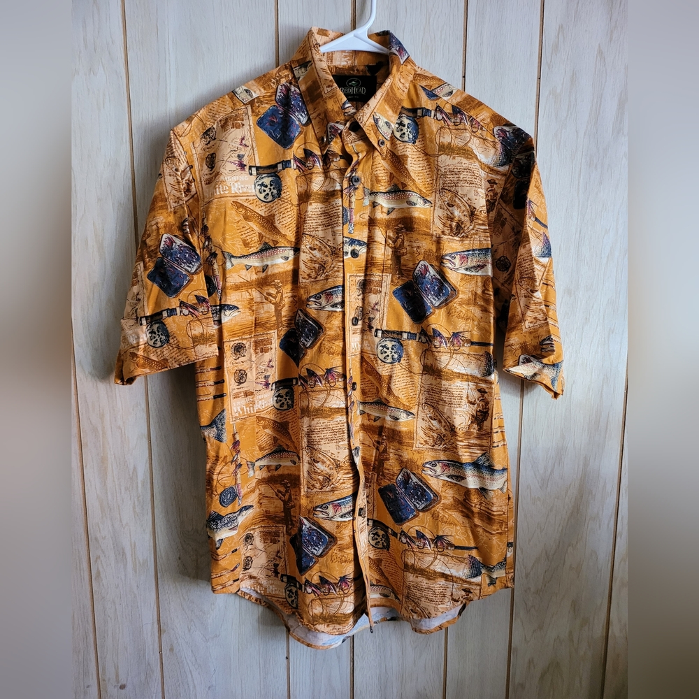 Red Head Men’s Angler Fishing Trout Shirt Orange Button Up T-Shirt Size L